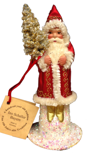 Red Coat with White Trim and Gold Glitter Santa Papier Mache Candy Container by Ino Schaller