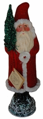 Tall Red Beaded Santa with Green Tree Papier Mache Candy Container by Ino Schaller
