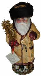 Santa in Russian Hat, Papier Mache Candy Container, gold with bronze glitter trim by Ino Schaller
