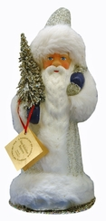 Silver Glittered Santa with Fur Papier Mache Candy Container by Ino Schaller