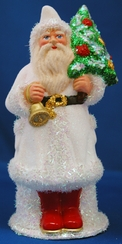 Santa with White Coat, Red Boots, Gold Bell and Tree Papier Mache Candy Container by Ino Schaller