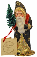 Santa in Black Coat with Gold Decor Papier Mache Candy Container by Ino Schaller