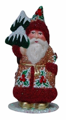 Santa in Copper Glittered Coat with Red Beaded Trim Paper Mache Candy Container by Ino Schaller