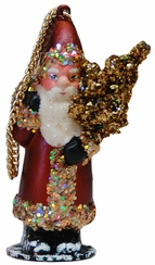 Santa with Tree, Papier Mache Ornament, rosewood with gold iridescent glitter by Ino Schaller