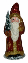 Red Glitter Santa with Gold Bag Papier Mache Candy Container by Ino Schaller