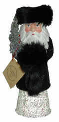 Santa in Russian Hat, Papier Mache Candy Container, black fur with beaded base by Ino Schaller