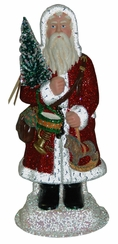 Red Glittered Coat Santa with Rocking Horse Papier Mache Candy Container by Ino Schaller