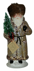 Santa in Russian Hat, Papier Mache Candy Container, latte glitter with fur by Ino Schaller