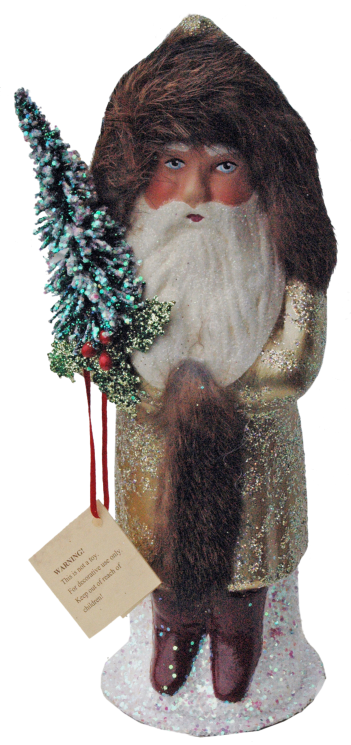 Santa with Champagne Coat and Holly Leaf Papier Mache Candy Container by Ino Schaller