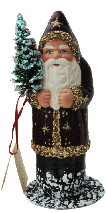 Santa, Burgundy Coat with Gold Stars Papier Mache Candy Container by Ino Schaller