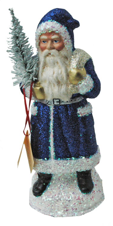 Santa, Blue Glitter Coat Papier Mache Candy Container by Ino Schaller