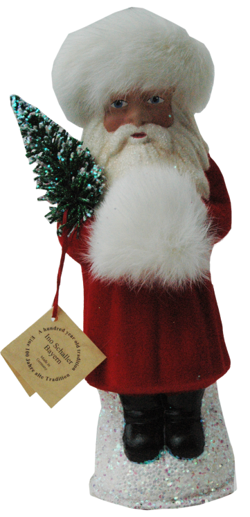 Santa in Russian Hat, Papier Mache Candy Container, red velert with white fur by Ino Schaller