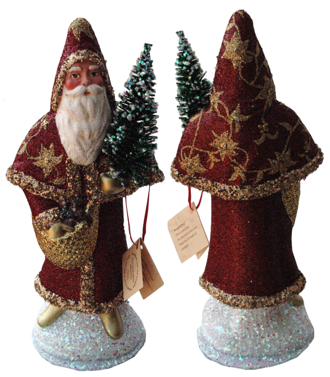 Santa in Cloak, Papier Mache Candy Container, red glitter with gold vines by Ino Schaller