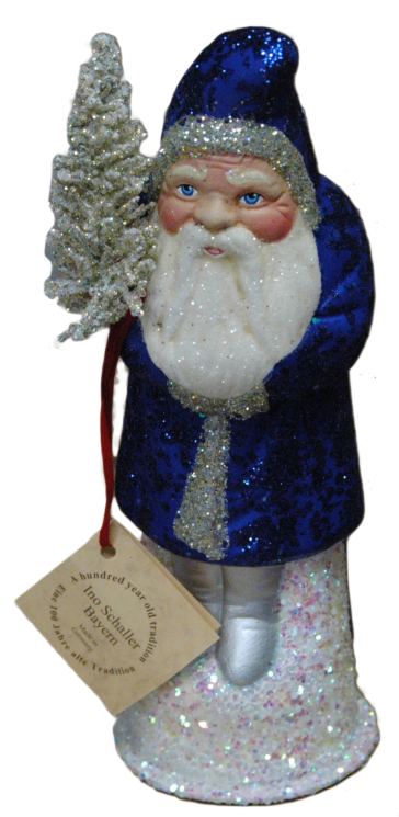 Santa, Blue with Silver Boots Glitter Coat Papier Mache Candy Container by Ino Schaller