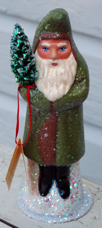 Santa, Green with Mica Snow Papier Mache Candy Container by Ino Schaller