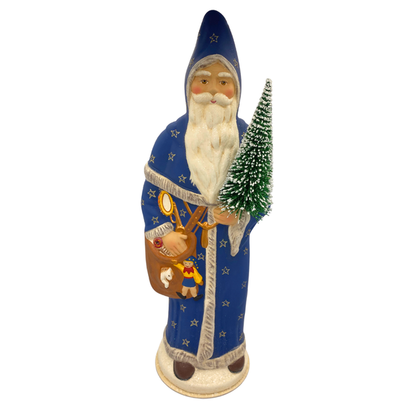 Santa in Cloak with tree, Papier Mache Candy Container, blue with stars by Ino Schaller