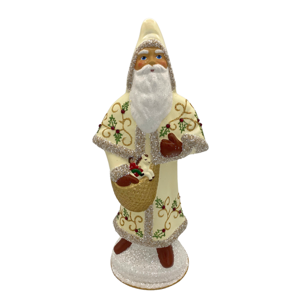 Santa in Cloak, Papier Mache Candy Container, cream with holly by Ino Schaller