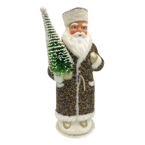 Santa in Russian Hat, Papier Mache Candy Container, black and gold beaded by Ino Schaller