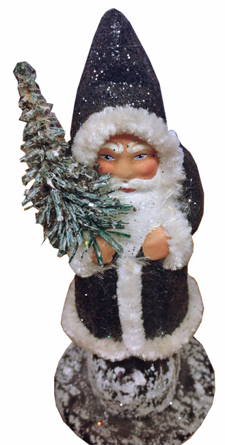 Santa in Black Coat with Chenille Trim Papier Mache Candy Container by Ino Schaller