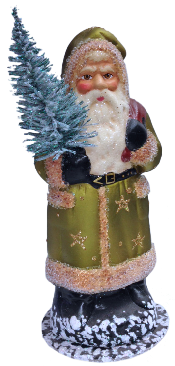 Santa in Green Coat with Stars Papier Mache Candy Container by Ino Schaller