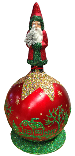 Red Ball with Santa Papier Mache Candy Container by Ino Schaller