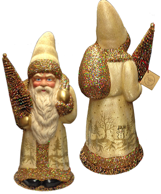 Santa in Champagne Coat with Landscape Papier Mache Candy Container by Ino Schaller