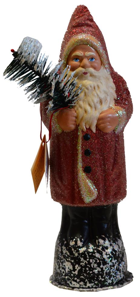 Santa, Dusty Red Beaded with Cream Edge Papier Mache Candy Container by Ino Schaller