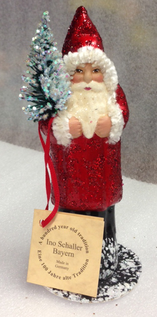 Red Sponged with Chenille Cuffs Santa Papier Mache Candy Container by Ino Schaller