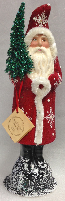 Red Beaded with White Snowflakes Santa Papier Mache Candy Container by Ino Schaller