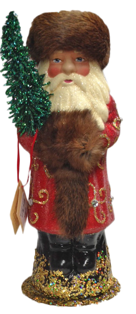 Santa in Russian Hat, Papier Mache Candy Container, red with siwrl decor and fur hat by Ino Schaller