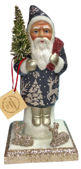 Santa in Blue Coat with Silver Trim on Base Papier Mache Candy Container by Ino Schaller