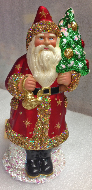 Red Matte with Gold Trim, Gold Bell and Tree Santa Paper Mache Candy Container by Ino Schaller