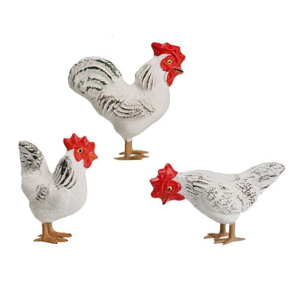 Group of 3 White Chickens on Tin legs, 11-12cm scale by Marolin Manufaktur