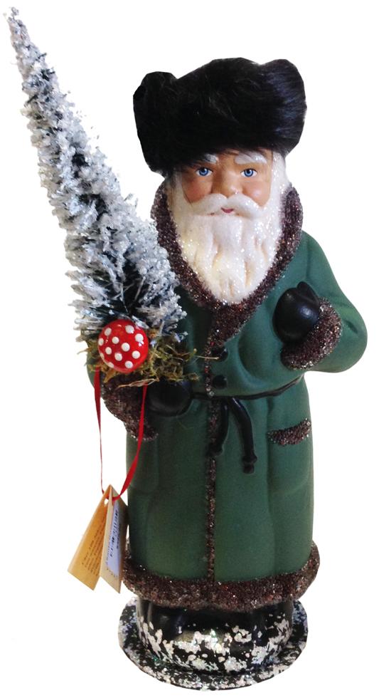 Santa in Russian Hat, Papier Mache Candy Container, jade green with mushroom and fur hat by Ino Schaller