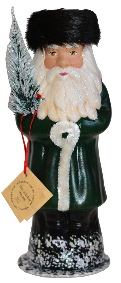 Santa in Russian Hat, Papier Mache Candy Container, forest green with fur hat by Ino Schaller