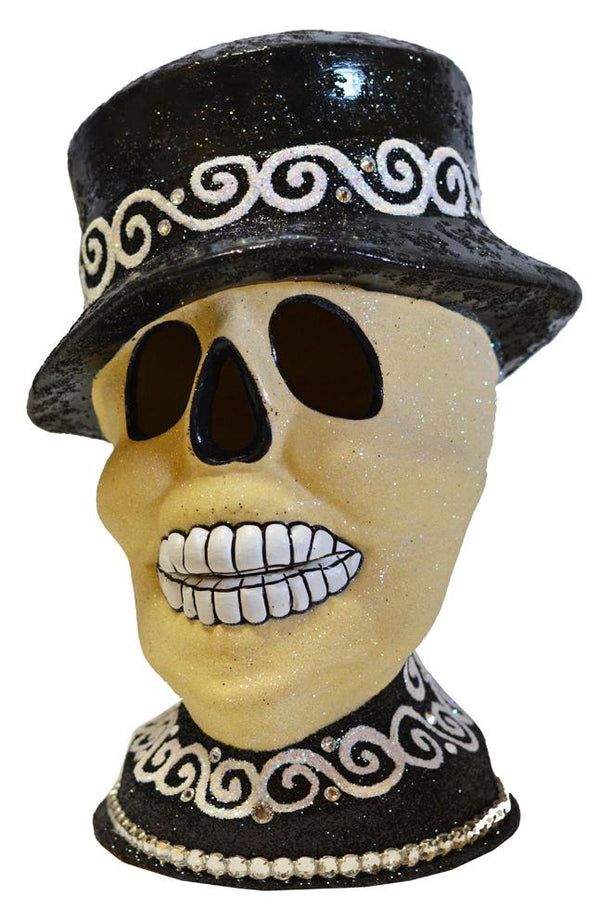 Skull Head, Cream and Black Papier Mache Candy Container by Ino Schaller
