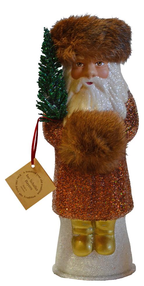 Santa Copper/Gold Beaded with Fur Cap and Muff Papier Mache Candy Container by Ino Schaller