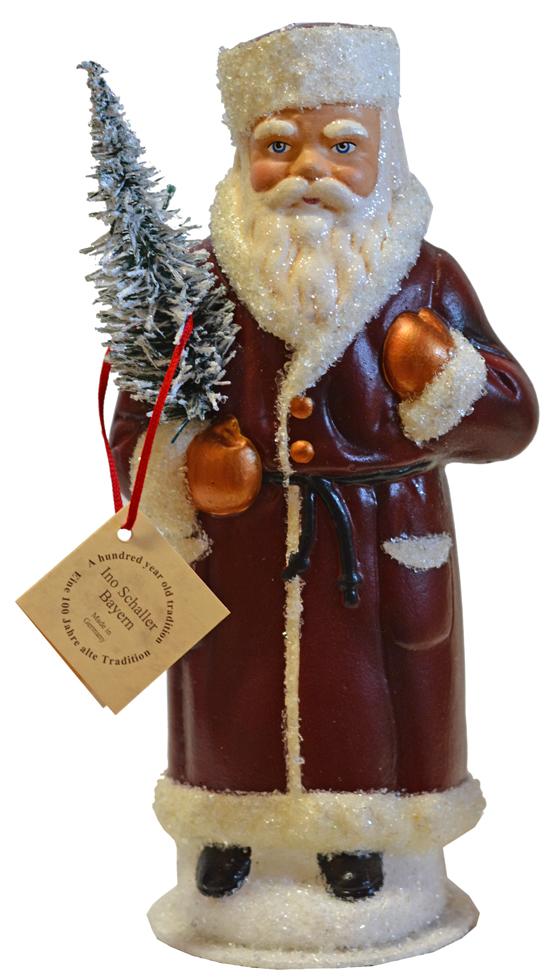 Santa in Russian Hat, Papier Mache Candy Container, wine with glitter trim and hat by Ino Schaller