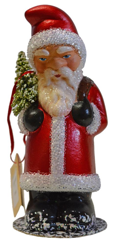 Santa St. Nick, Red with White Beaded Edge Papier Mache Candy Container by Ino Schaller