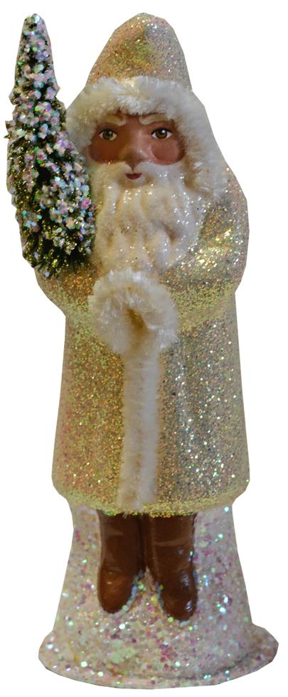 Santa in Champagne Glitter Coat Papier Mache Candy Container by Ino Schaller