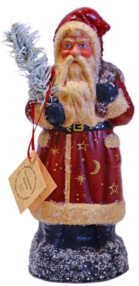 Red Santa with Moon and Stars, One of a Kind Papier Mache Candy Container by Ino Schaller