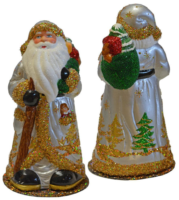 Silver Santa with Trees and Gold Trim, One of a Kind Papier Mache Candy Container by Ino Schaller