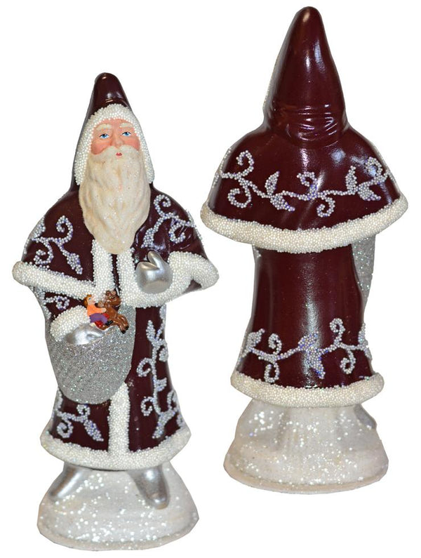 Santa in Cloak, Papier Mache Candy Container, burgandy with grey trim by Ino Schaller