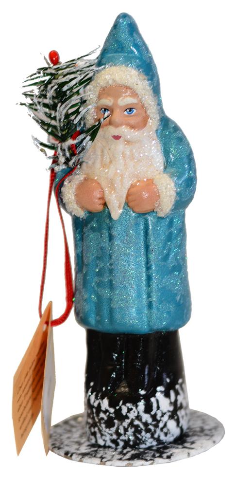 Santa, Blue with Glitter Papier Mache Candy Container by Ino Schaller
