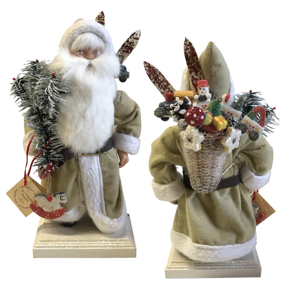 Santa in Cream Felt Coat with Packbag on Base Papier Mache Candy Container by Ino Schaller