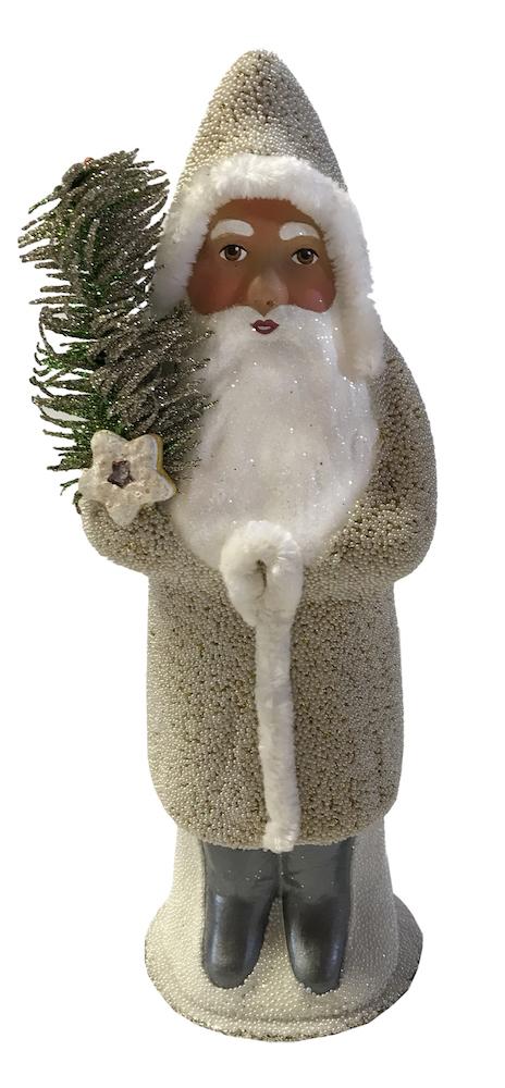 White/Gold Beaded Santa Paper Mache Candy Container by Ino Schaller