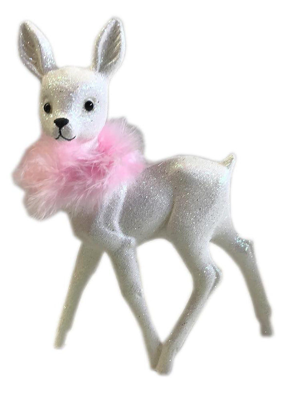 White Glittered Deer with Fur Boa, Plastic Figurine by Ino Schaller