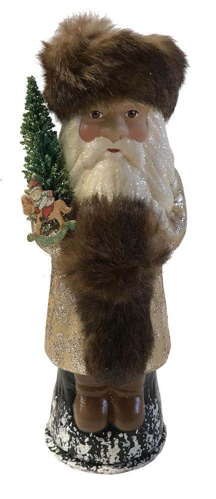 Santa in Russian Hat, Papier Mache Candy Container, gold glitter with fur hat by Ino Schaller