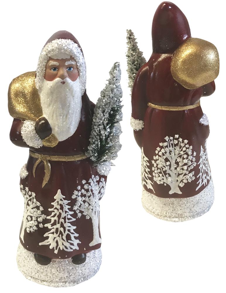 Red Shiny Santa with Tree Scene, Papier Mache Candy Container by Ino Schaller