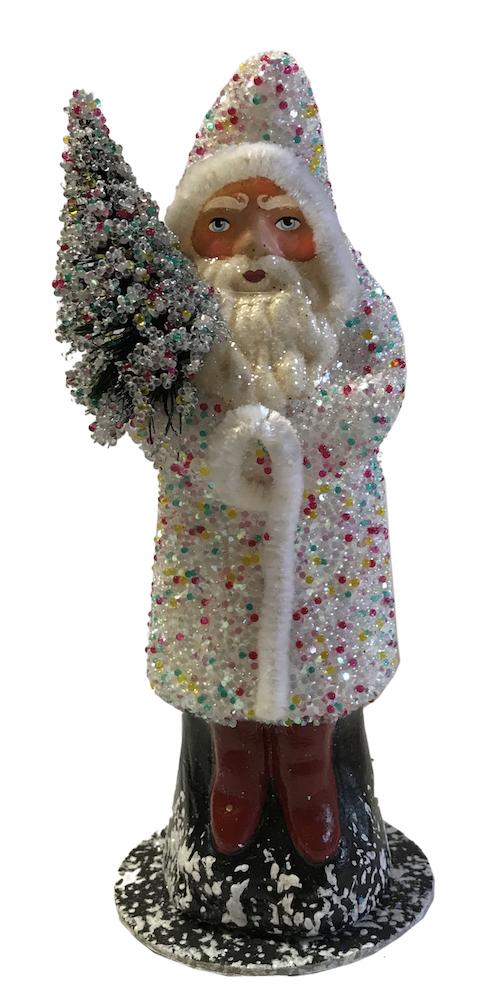 Santa in Sugar Beaded Coat, Papier Mache Candy Container by Ino Schaller